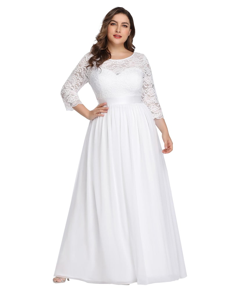 Front of a model wearing a size 14 See-Through Floor Length Lace Evening Dress in White by Ever-Pretty. | dia_product_style_image_id:291294